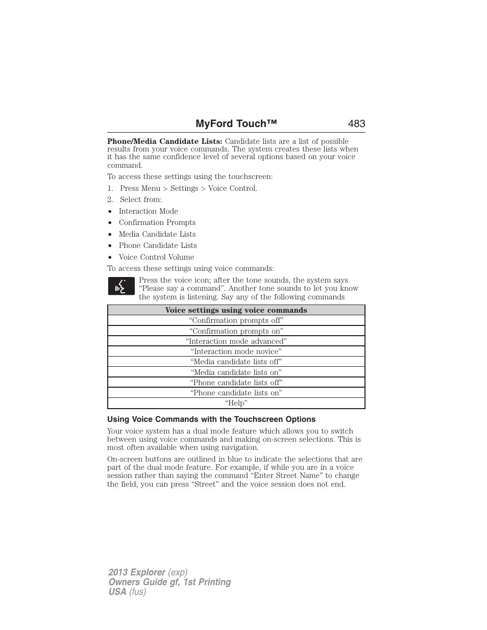 Using voice commands with the touchscreen options, Myford touch™ 483 | FORD 2013 Explorer v.1 User Manual | Page 483 / 576