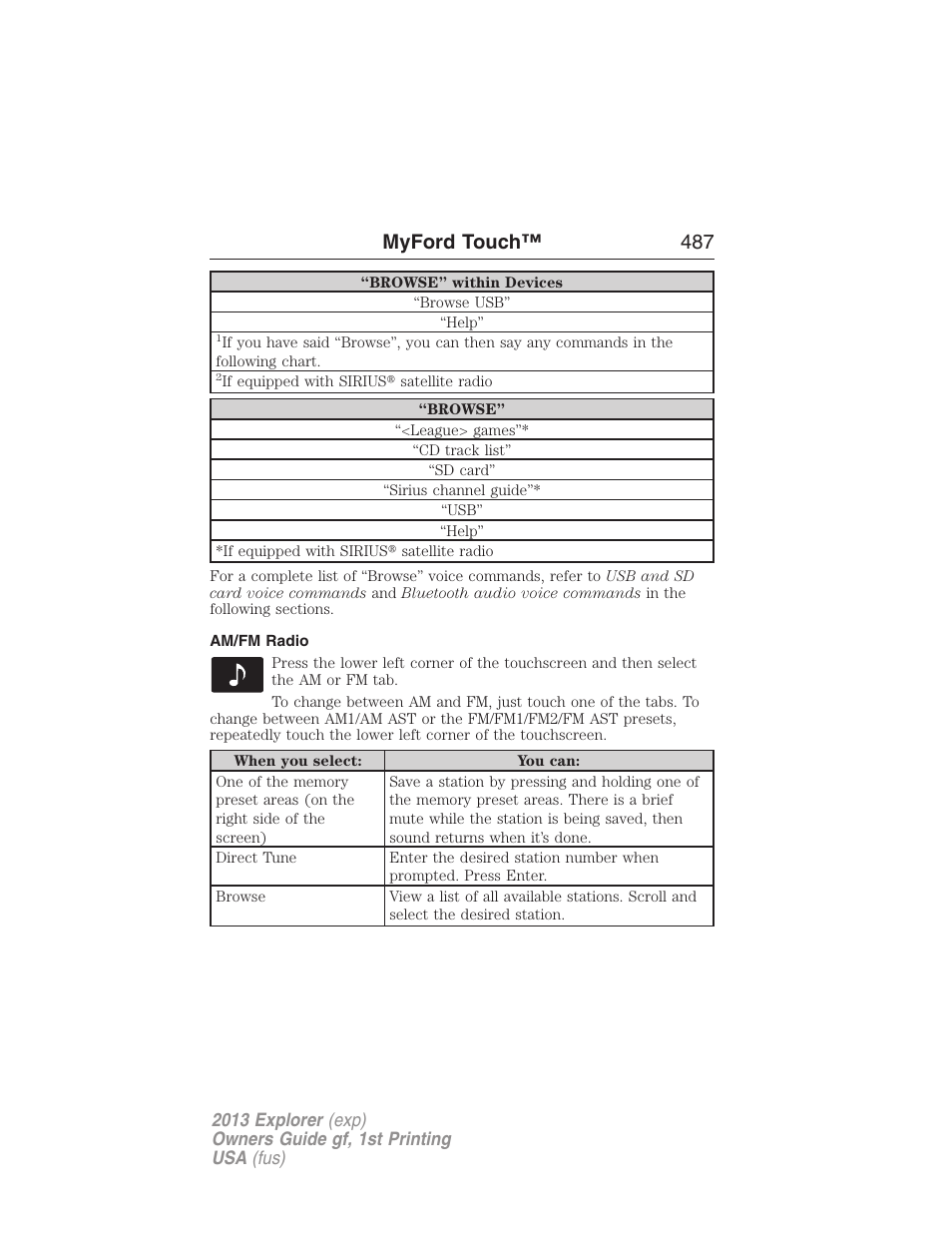 Am/fm radio, Myford touch™ 487 | FORD 2013 Explorer v.1 User Manual | Page 487 / 576