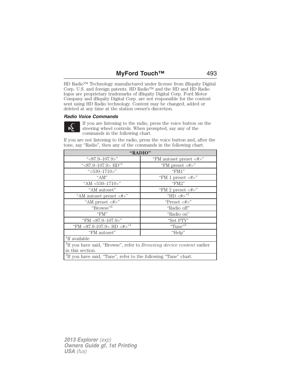 Radio voice commands, Myford touch™ 493 | FORD 2013 Explorer v.1 User Manual | Page 493 / 576