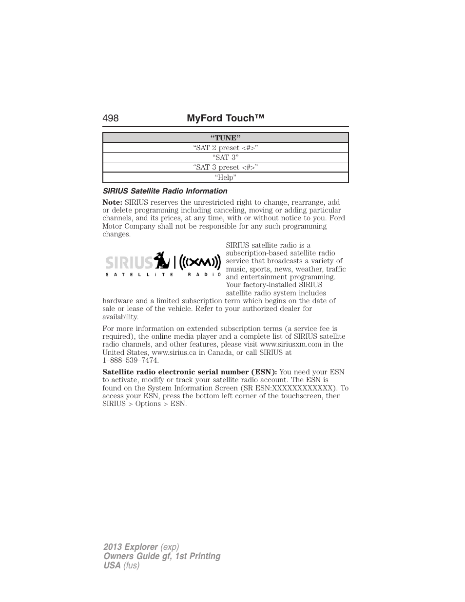 Sirius satellite radio information, 498 myford touch | FORD 2013 Explorer v.1 User Manual | Page 498 / 576