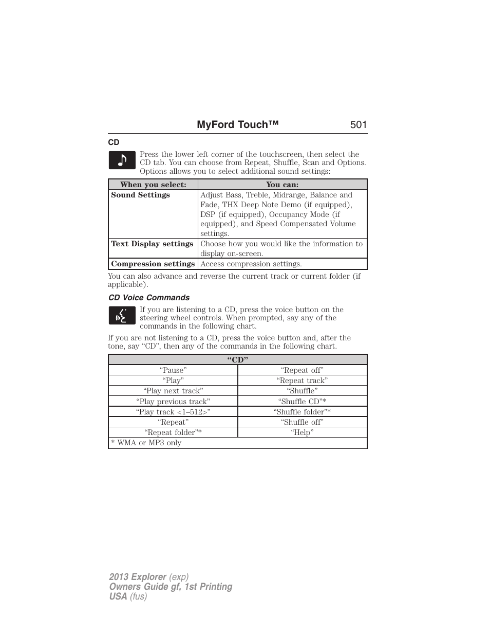 Cd voice commands, Myford touch™ 501 | FORD 2013 Explorer v.1 User Manual | Page 501 / 576