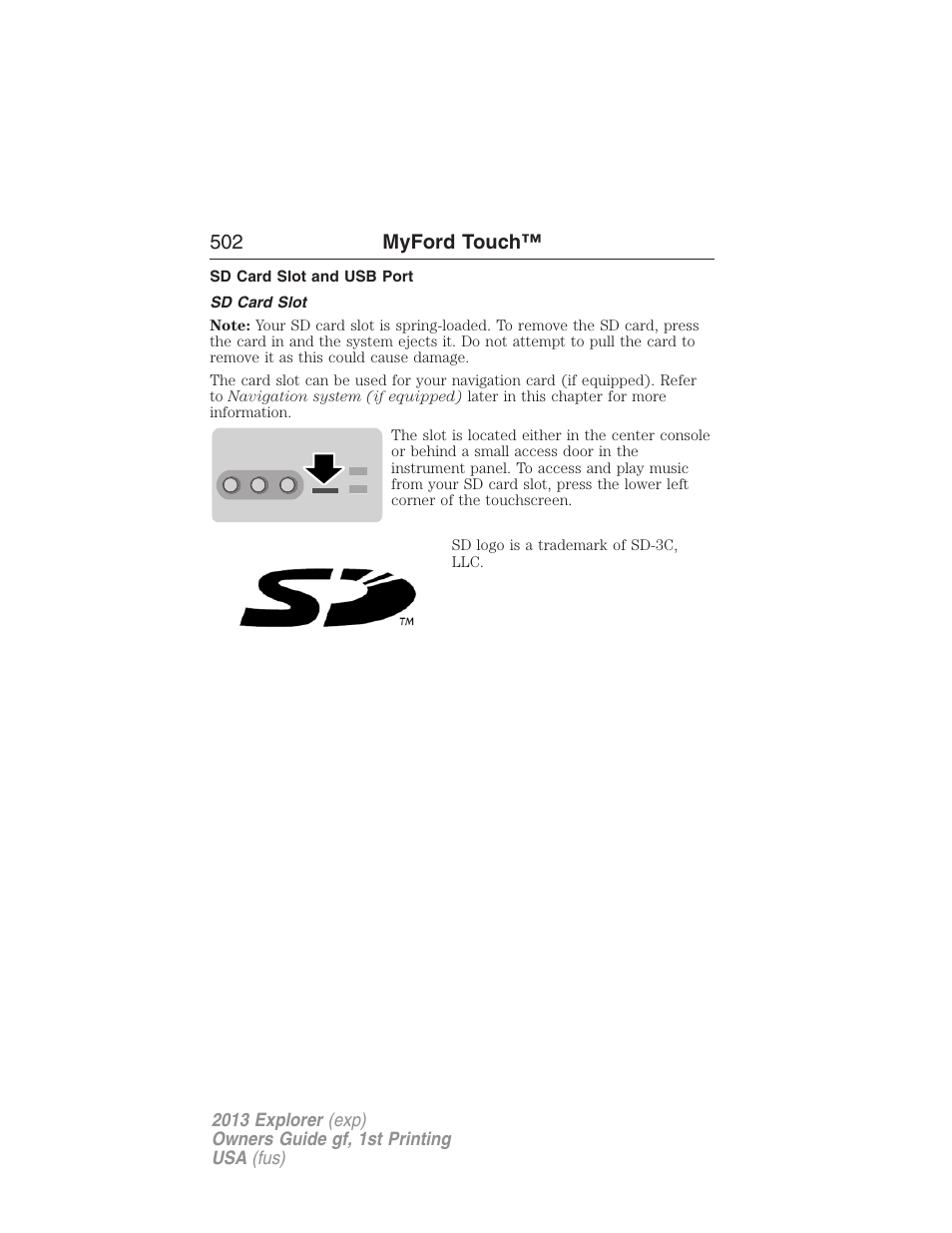 Sd card slot and usb port, Sd card slot, 502 myford touch | FORD 2013 Explorer v.1 User Manual | Page 502 / 576
