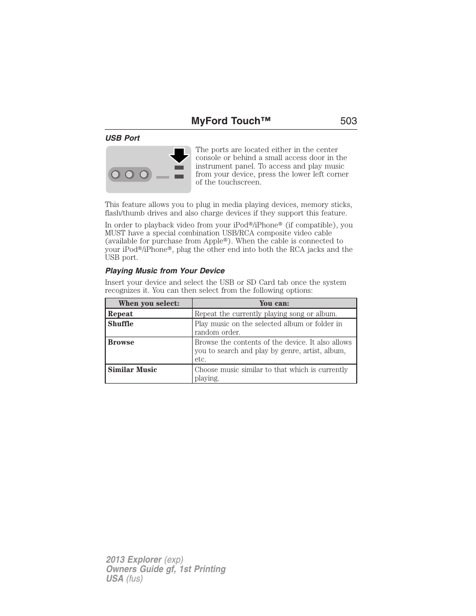 Usb port, Playing music from your device, Myford touch™ 503 | FORD 2013 Explorer v.1 User Manual | Page 503 / 576