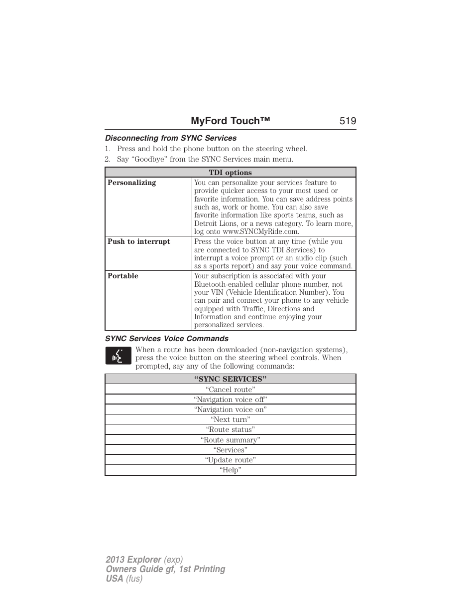 Disconnecting from sync services, Sync services voice commands, Myford touch™ 519 | FORD 2013 Explorer v.1 User Manual | Page 519 / 576