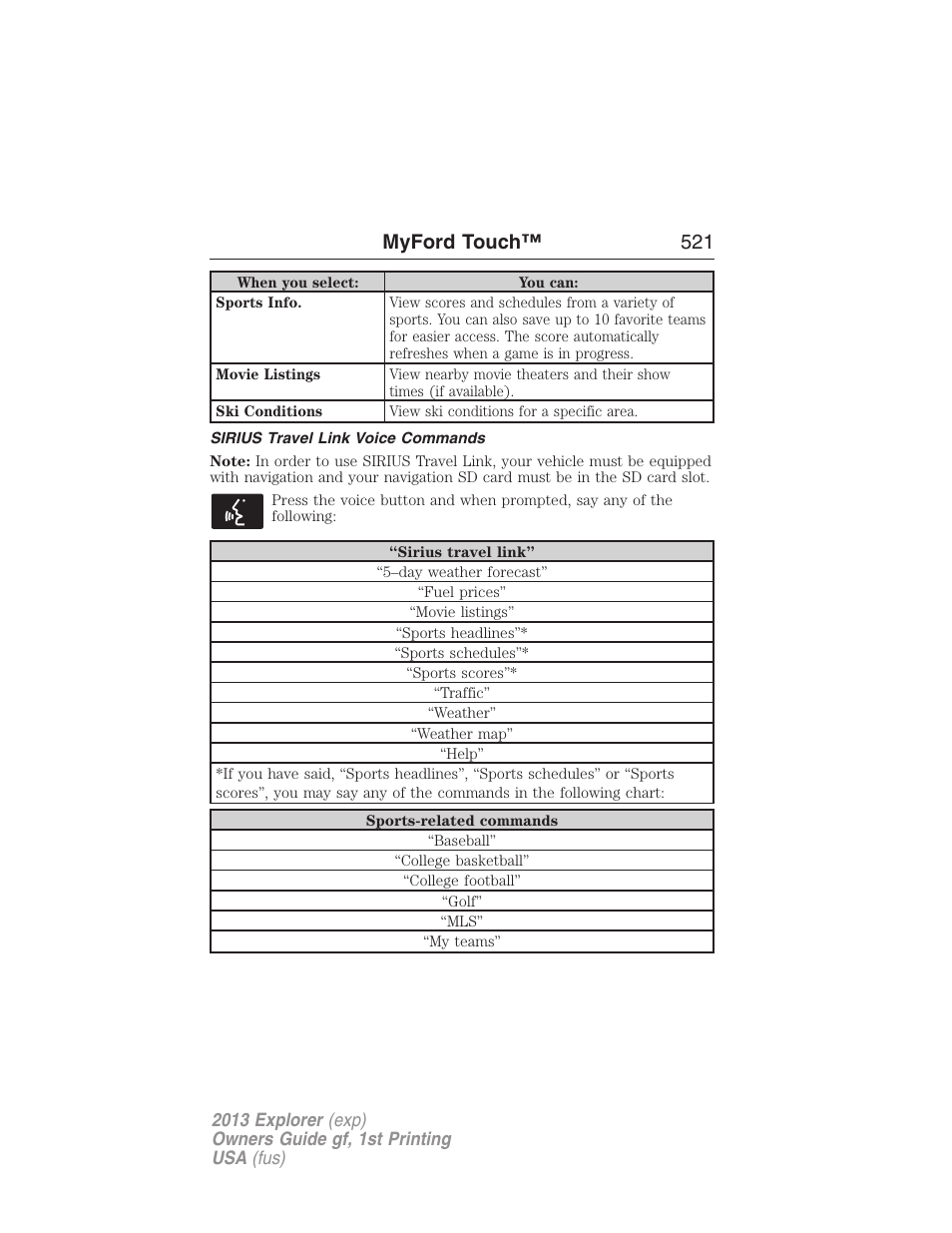 Sirius travel link voice commands, Myford touch™ 521 | FORD 2013 Explorer v.1 User Manual | Page 521 / 576