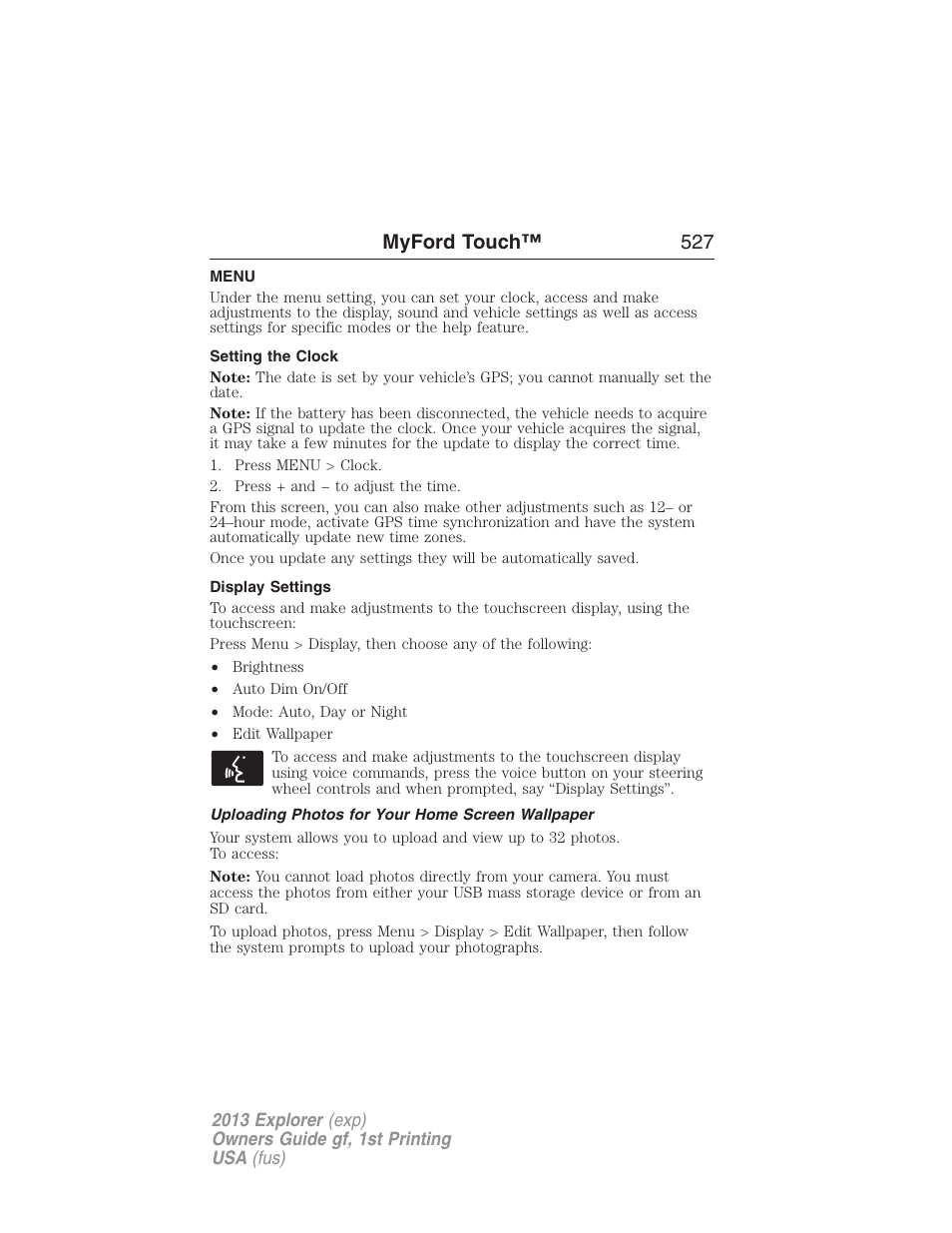 Menu, Setting the clock, Display settings | Uploading photos for your home screen wallpaper, Menu features, Myford touch™ 527 | FORD 2013 Explorer v.1 User Manual | Page 527 / 576