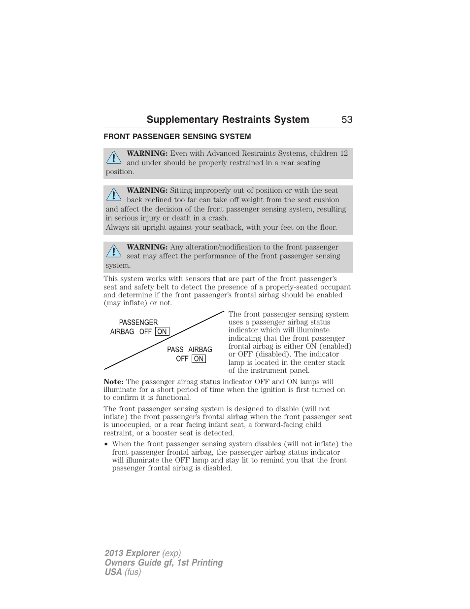 Front passenger sensing system, Supplementary restraints system 53 | FORD 2013 Explorer v.1 User Manual | Page 53 / 576