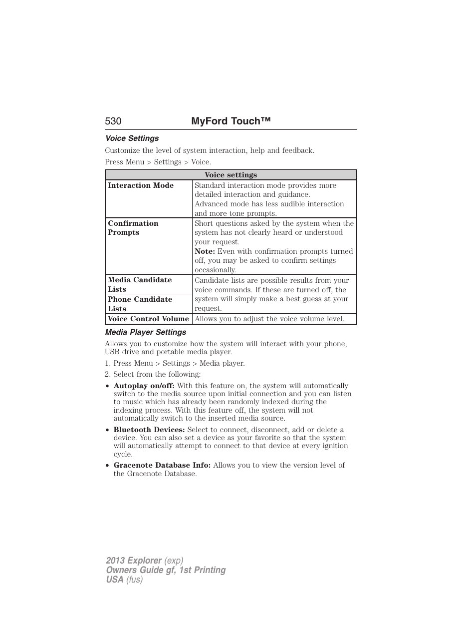 Voice settings, Media player settings, 530 myford touch | FORD 2013 Explorer v.1 User Manual | Page 530 / 576