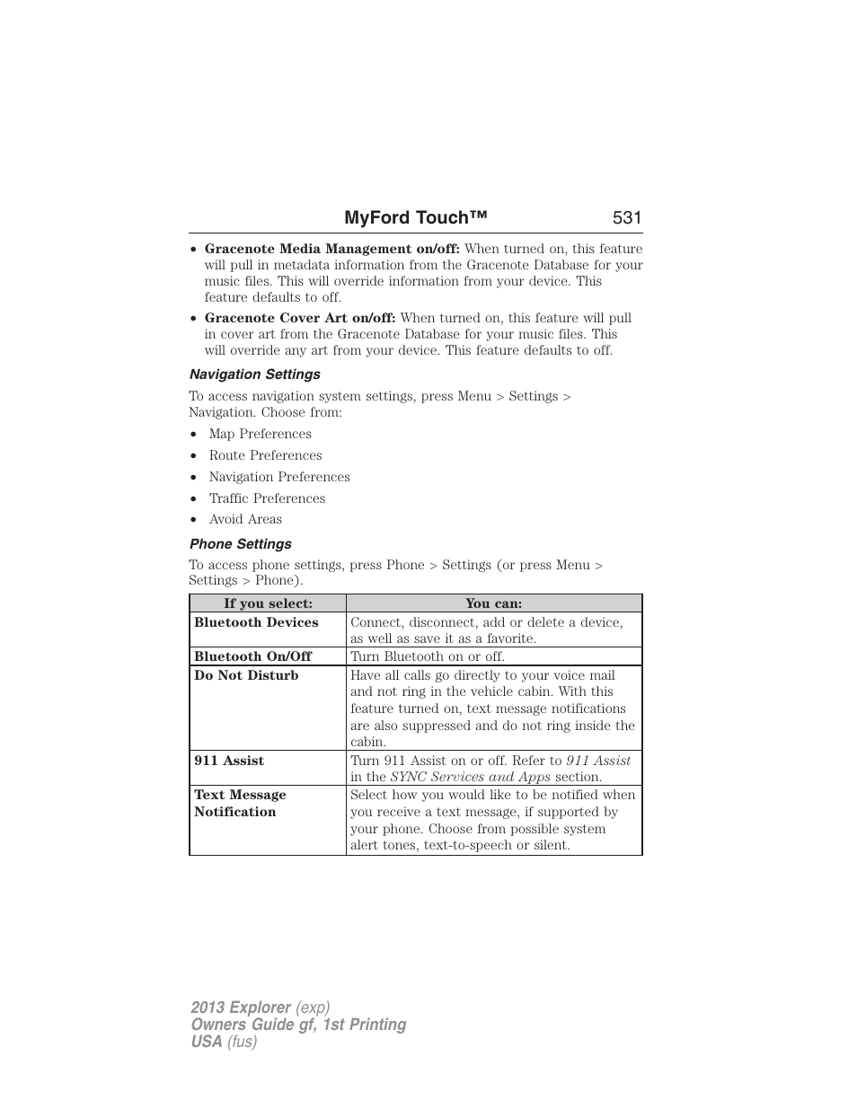 Navigation settings, Phone settings, Myford touch™ 531 | FORD 2013 Explorer v.1 User Manual | Page 531 / 576