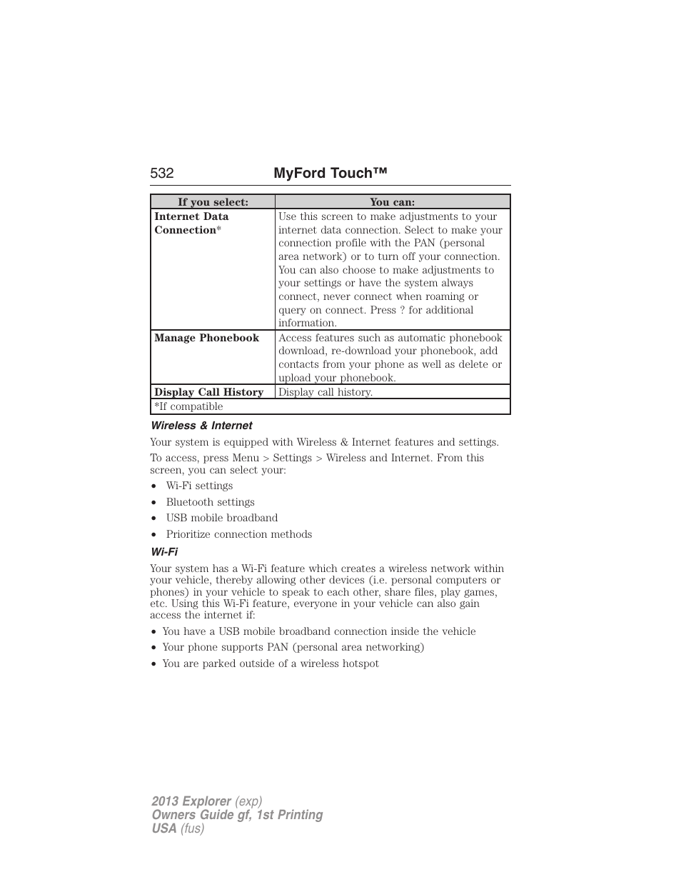 Wireless & internet, Wi-fi, 532 myford touch | FORD 2013 Explorer v.1 User Manual | Page 532 / 576