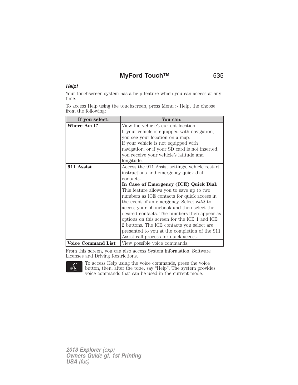 Help, Myford touch™ 535 | FORD 2013 Explorer v.1 User Manual | Page 535 / 576