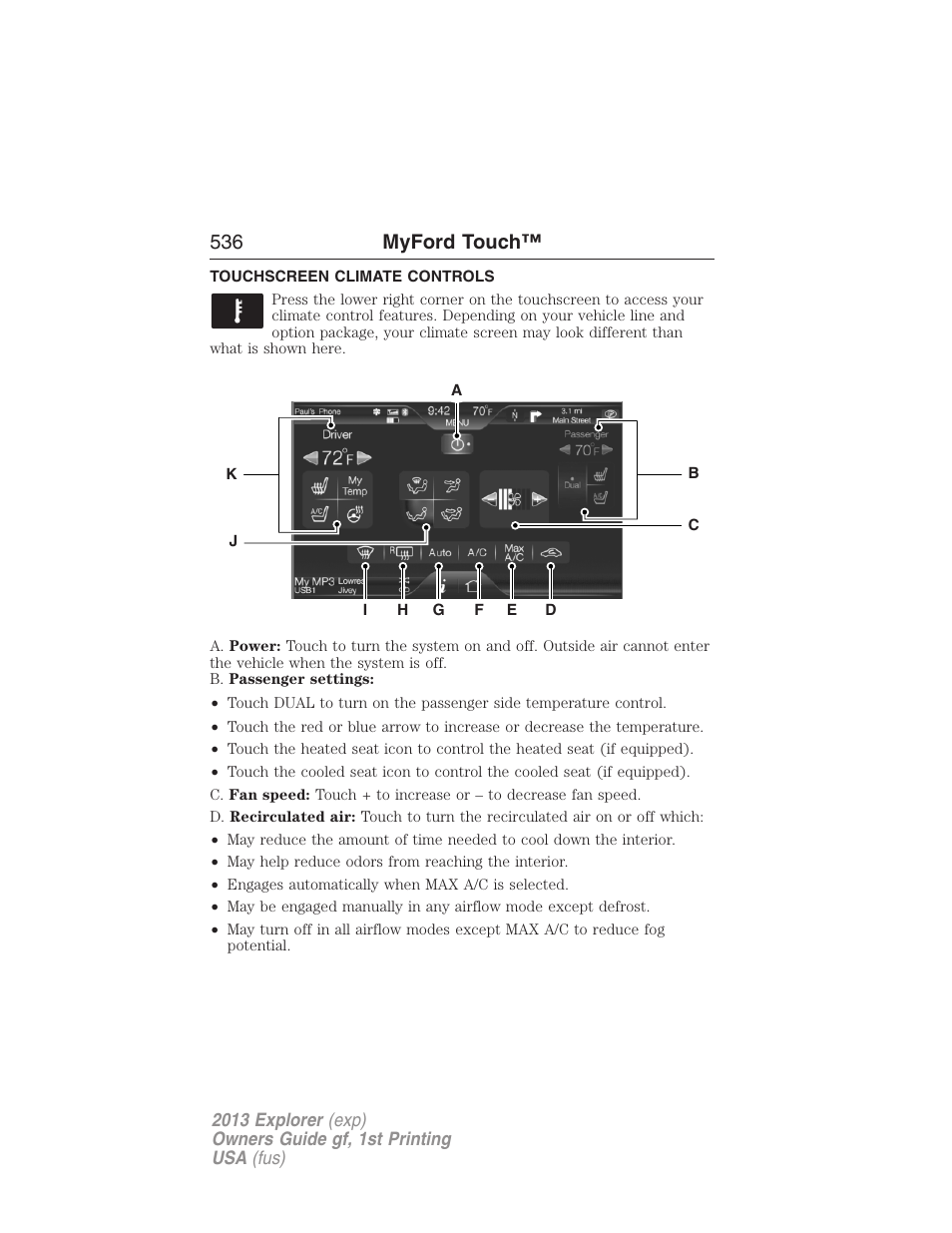 Touchscreen climate controls, Climate features, 536 myford touch | FORD 2013 Explorer v.1 User Manual | Page 536 / 576