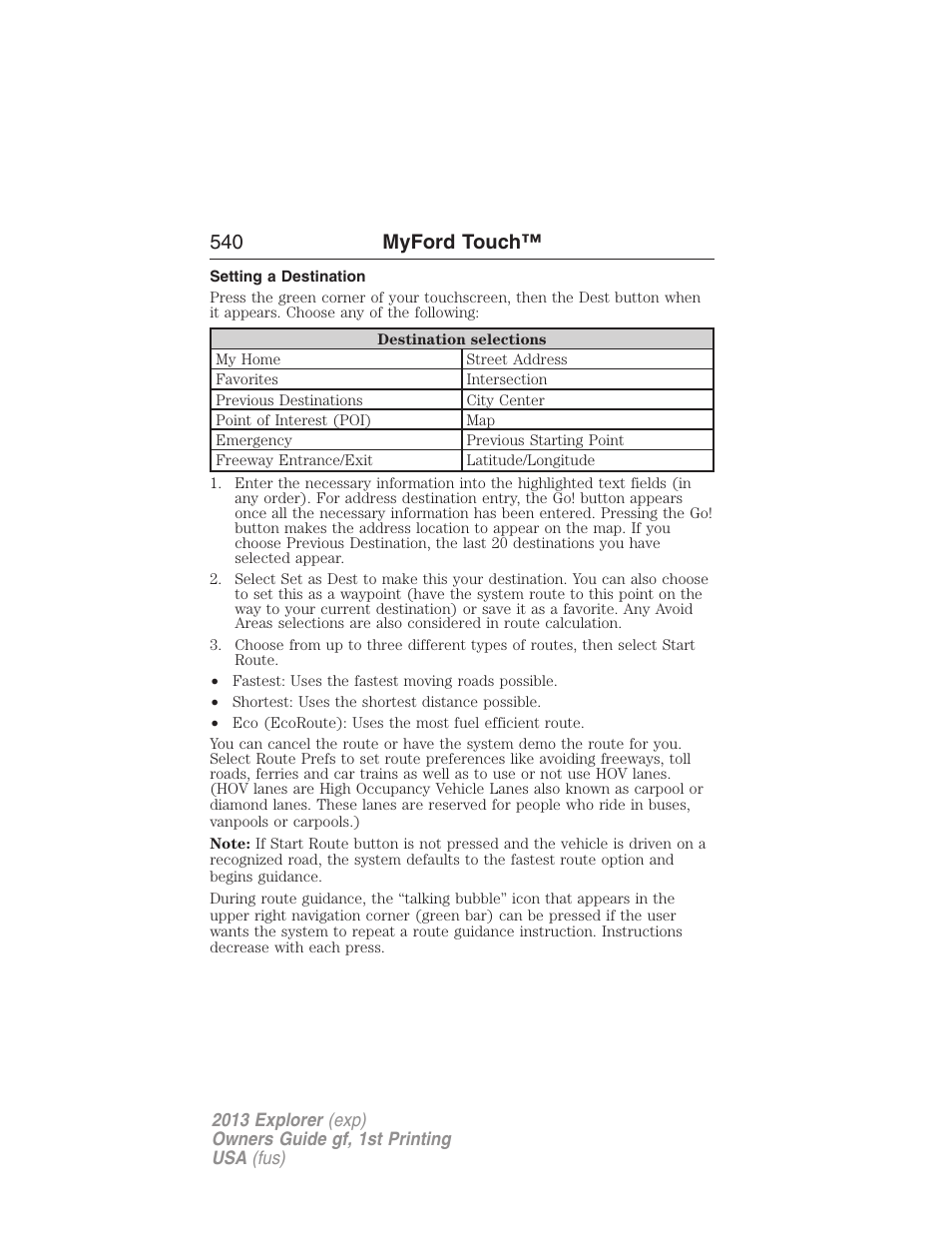 Setting a destination, 540 myford touch | FORD 2013 Explorer v.1 User Manual | Page 540 / 576