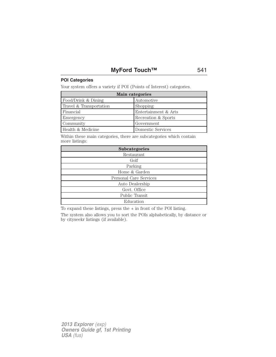 Poi categories, Myford touch™ 541 | FORD 2013 Explorer v.1 User Manual | Page 541 / 576