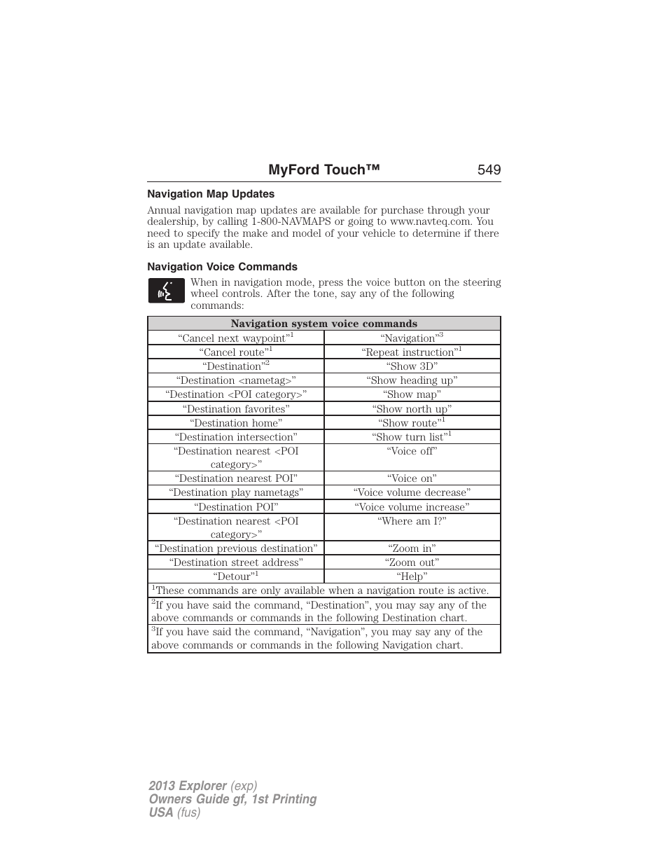 Navigation map updates, Navigation voice commands, Myford touch™ 549 | FORD 2013 Explorer v.1 User Manual | Page 549 / 576