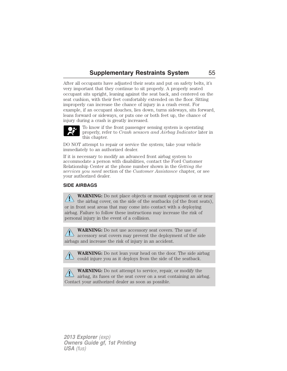 Side airbags, Supplementary restraints system 55 | FORD 2013 Explorer v.1 User Manual | Page 55 / 576