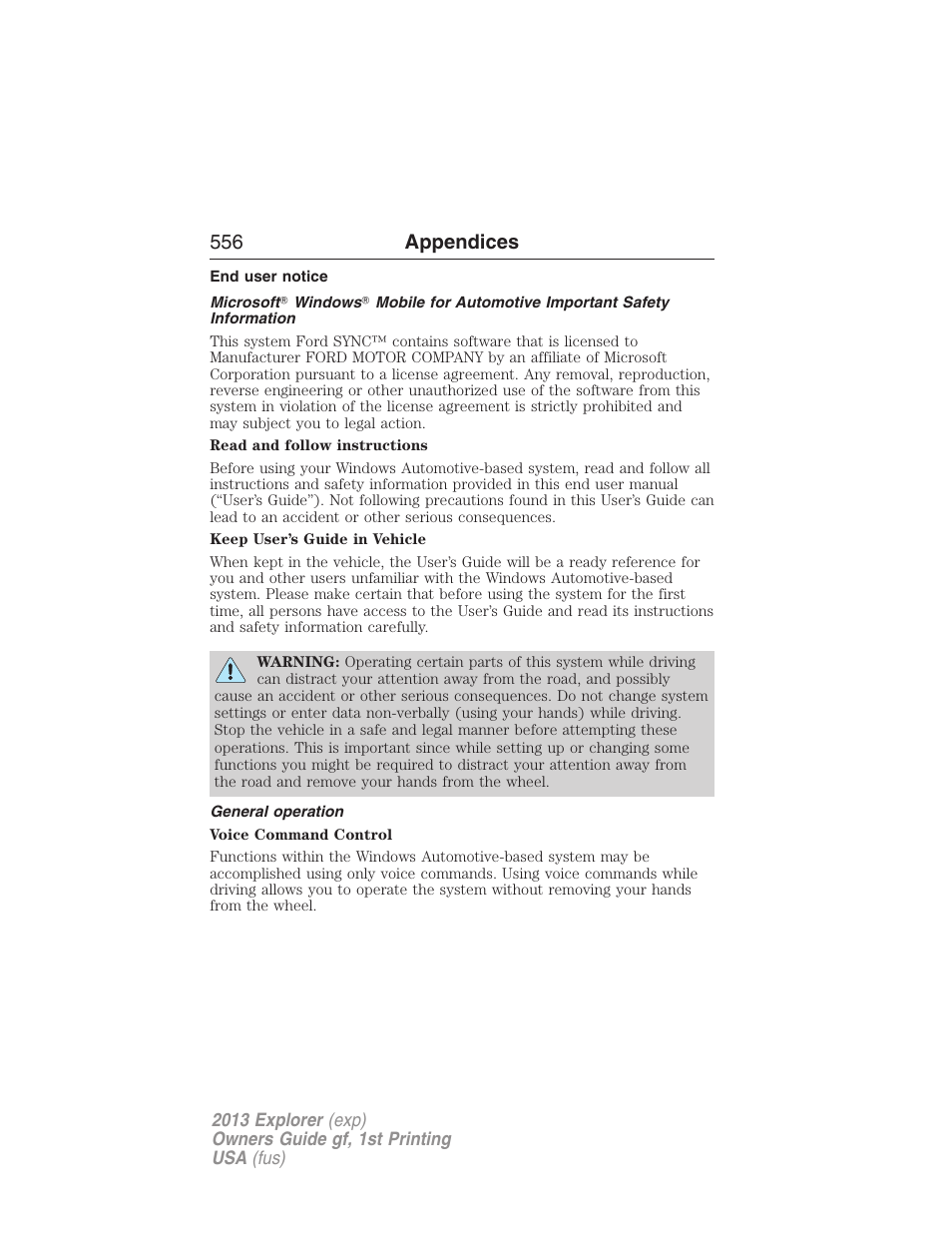 End user notice, General operation, 556 appendices | FORD 2013 Explorer v.1 User Manual | Page 556 / 576