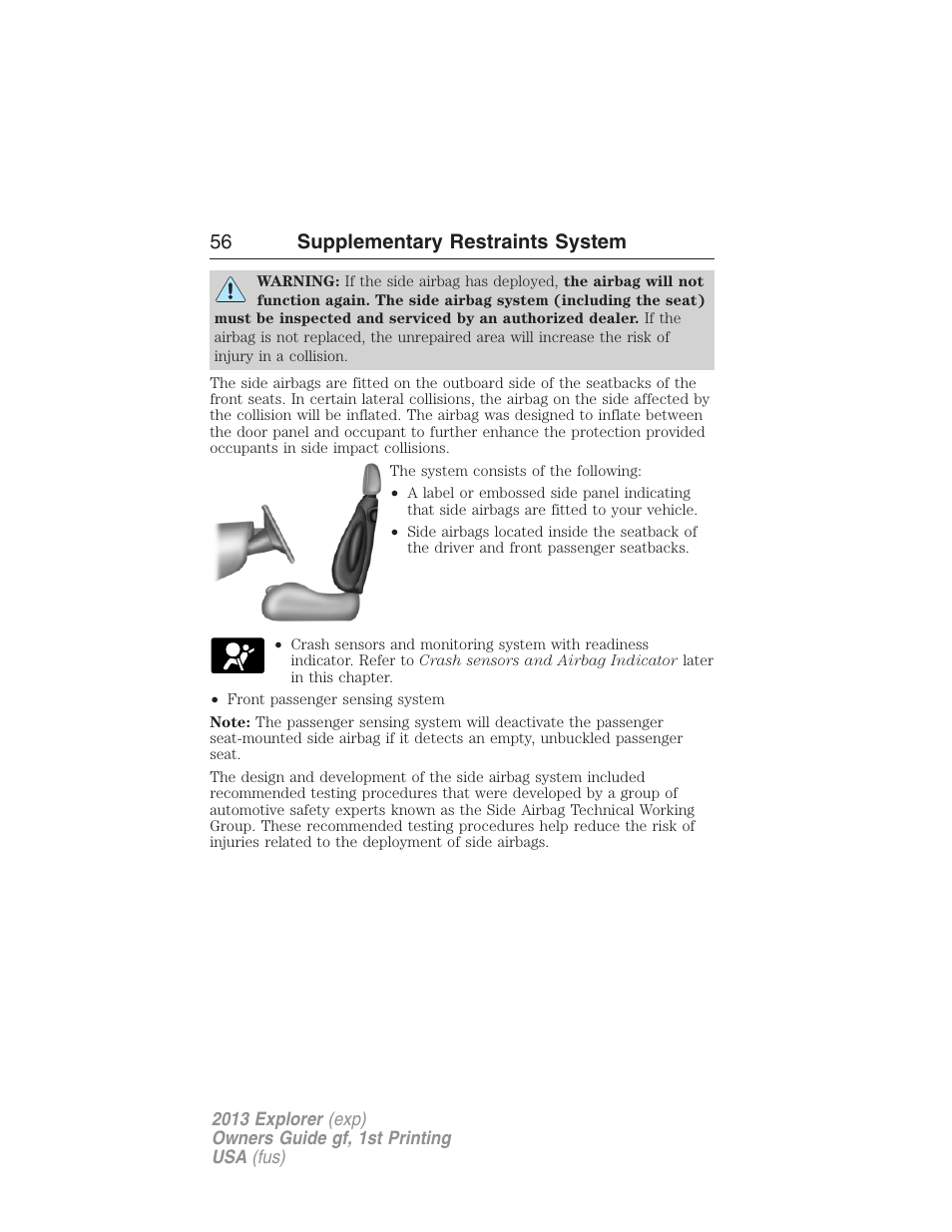 56 supplementary restraints system | FORD 2013 Explorer v.1 User Manual | Page 56 / 576