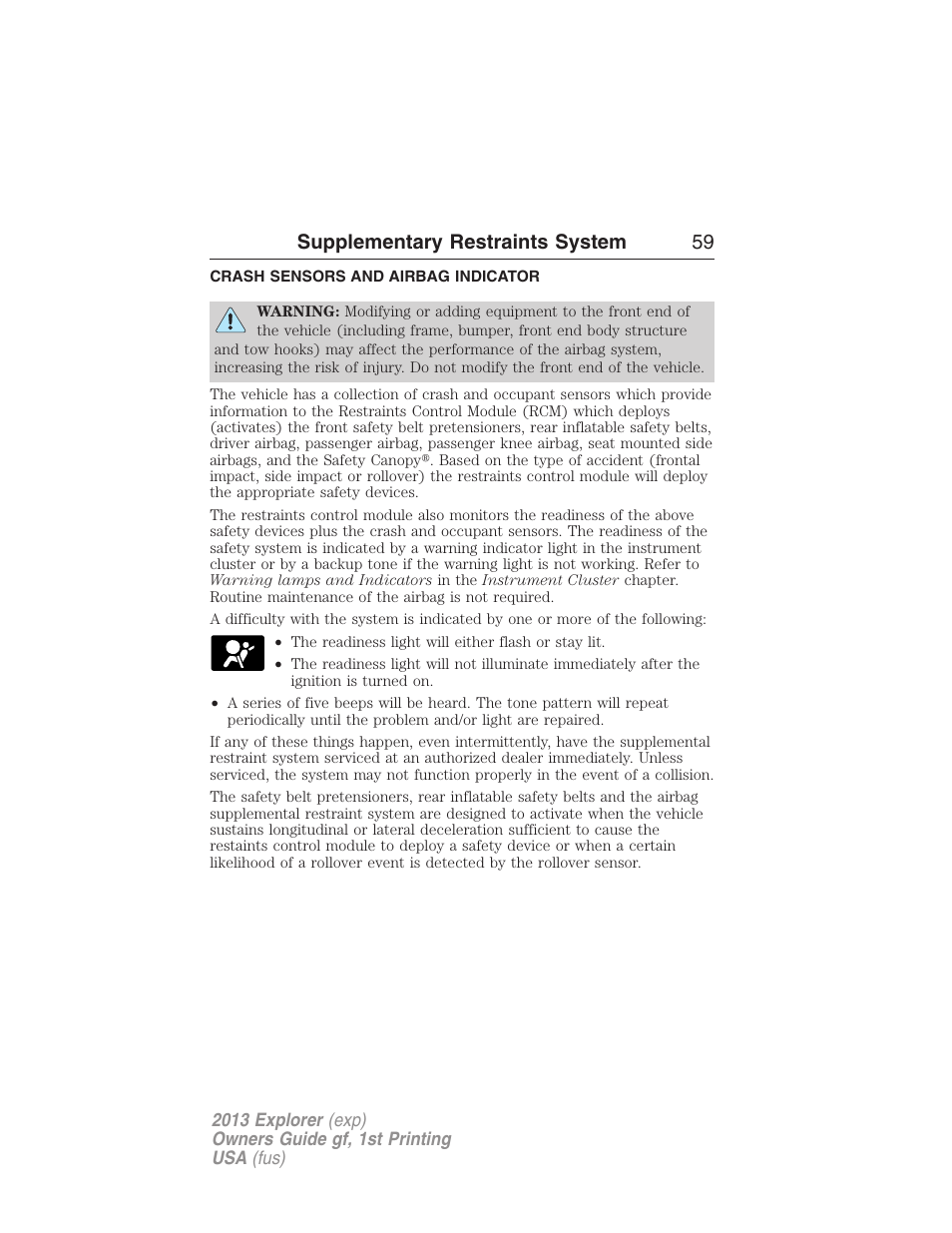 Crash sensors and airbag indicator, Supplementary restraints system 59 | FORD 2013 Explorer v.1 User Manual | Page 59 / 576