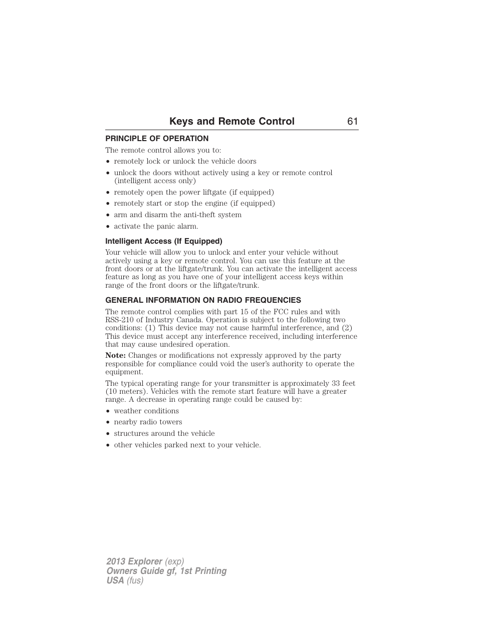 Keys and remote control, Principle of operation, Intelligent access (if equipped) | General information on radio frequencies, Keys and remote control 61 | FORD 2013 Explorer v.1 User Manual | Page 61 / 576