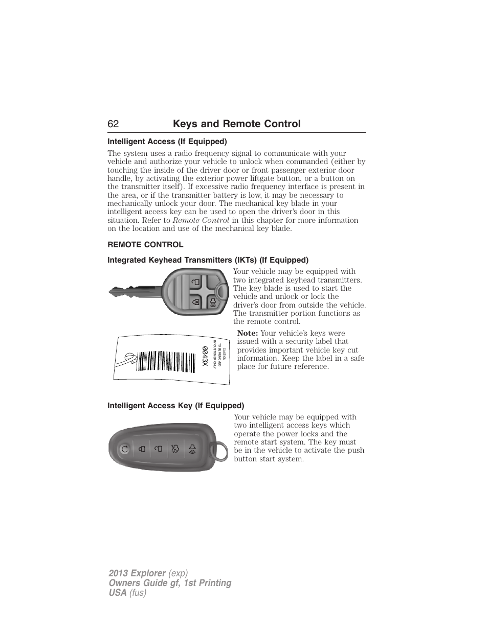 Intelligent access (if equipped), Remote control, Intelligent access key (if equipped) | Keys, 62 keys and remote control | FORD 2013 Explorer v.1 User Manual | Page 62 / 576