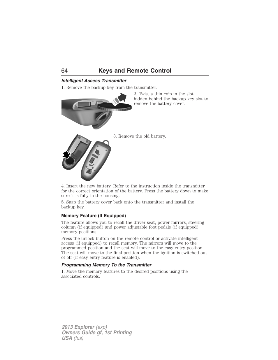 Intelligent access transmitter, Memory feature (if equipped), Programming memory to the transmitter | 64 keys and remote control | FORD 2013 Explorer v.1 User Manual | Page 64 / 576