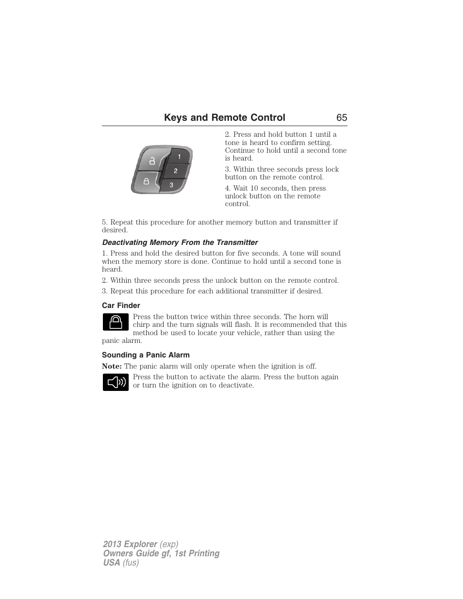 Deactivating memory from the transmitter, Car finder, Sounding a panic alarm | Keys and remote control 65 | FORD 2013 Explorer v.1 User Manual | Page 65 / 576