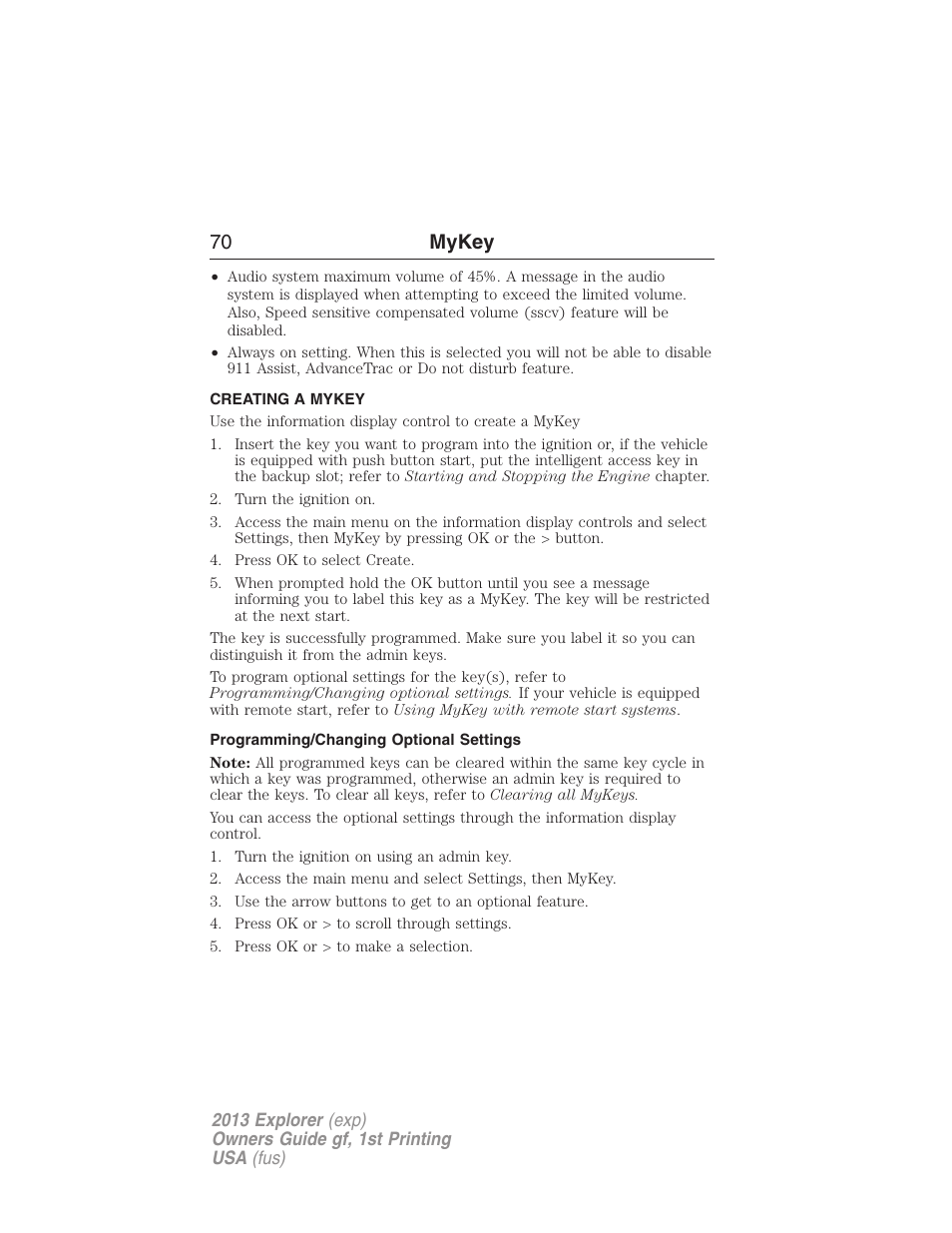 Creating a mykey, Programming/changing optional settings, Creating | 70 mykey | FORD 2013 Explorer v.1 User Manual | Page 70 / 576