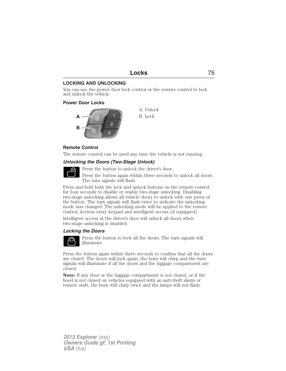 Locks, Locking and unlocking, Power door locks | Remote control, Unlocking the doors (two-stage unlock), Locking the doors, Locks 75 | FORD 2013 Explorer v.1 User Manual | Page 75 / 576