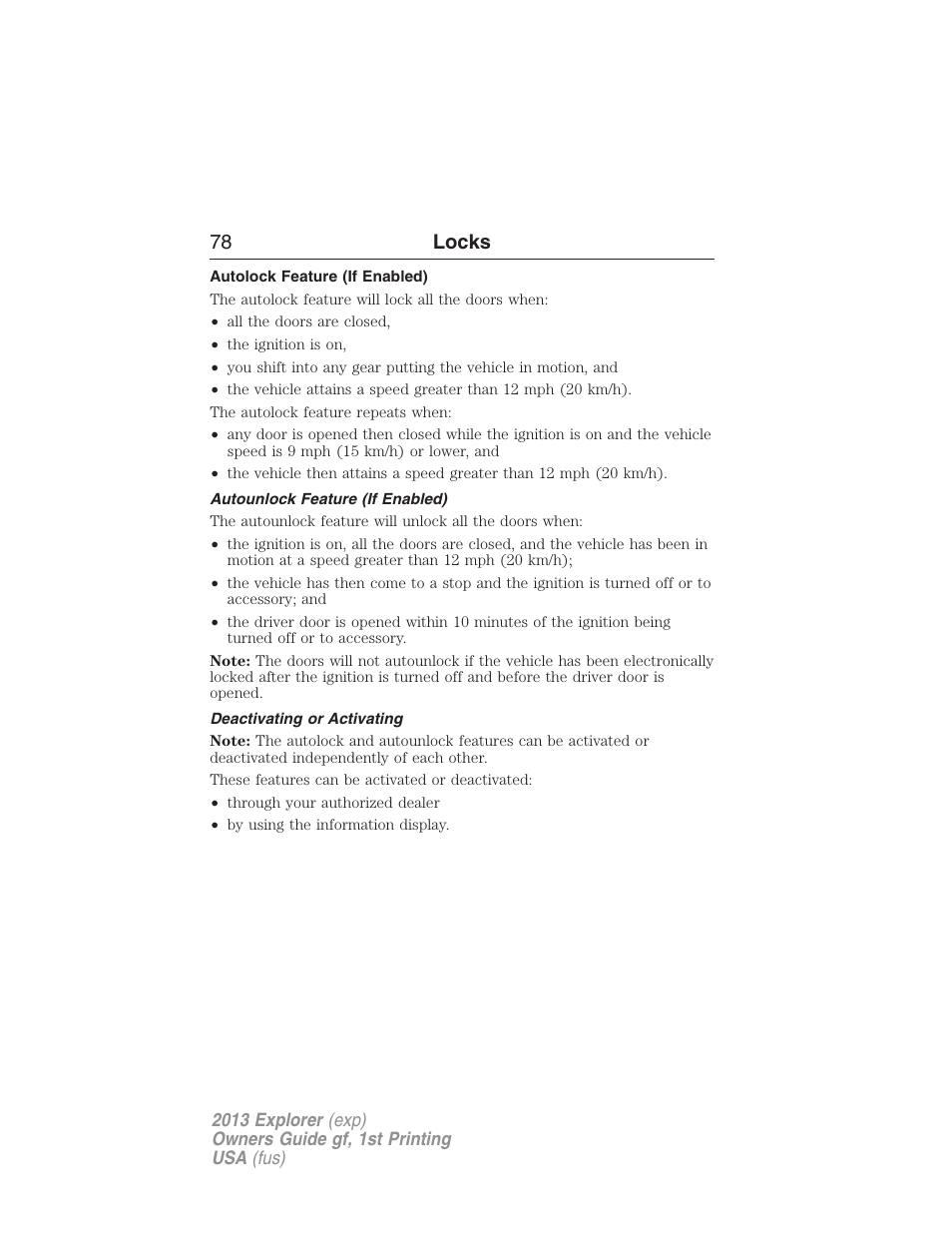 Autolock feature (if enabled), Autounlock feature (if enabled), Deactivating or activating | 78 locks | FORD 2013 Explorer v.1 User Manual | Page 78 / 576