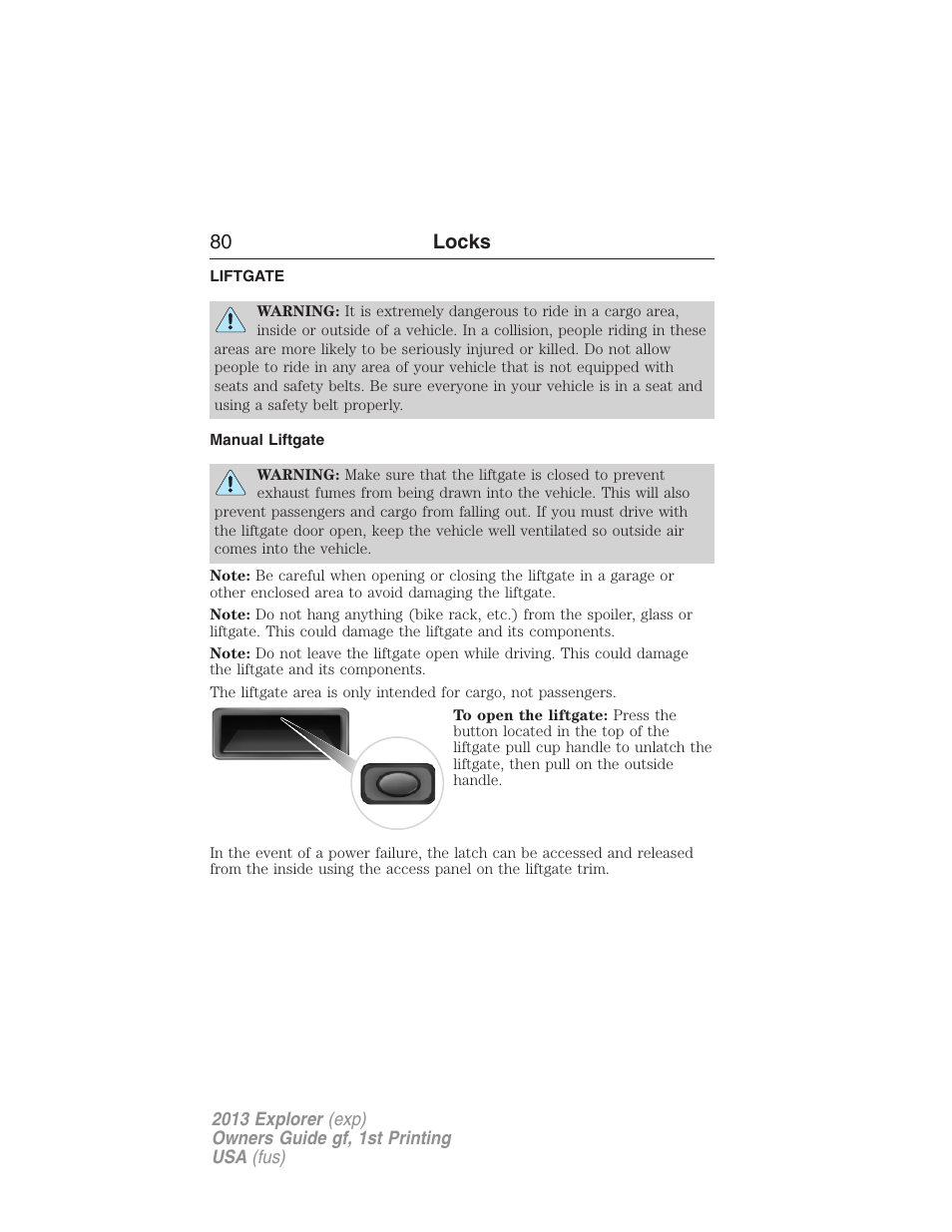 Liftgate, Manual liftgate, 80 locks | FORD 2013 Explorer v.1 User Manual | Page 80 / 576