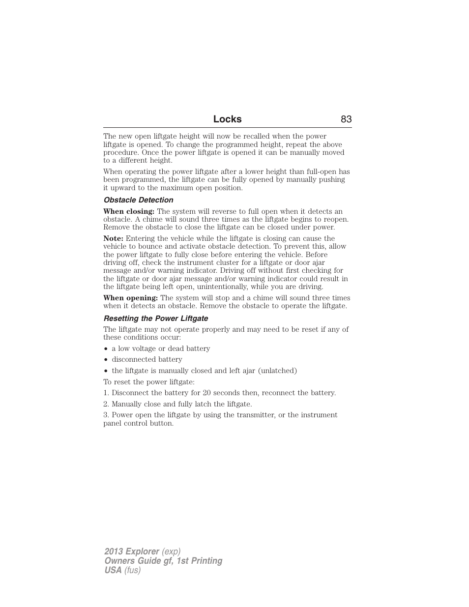 Obstacle detection, Resetting the power liftgate, Locks 83 | FORD 2013 Explorer v.1 User Manual | Page 83 / 576