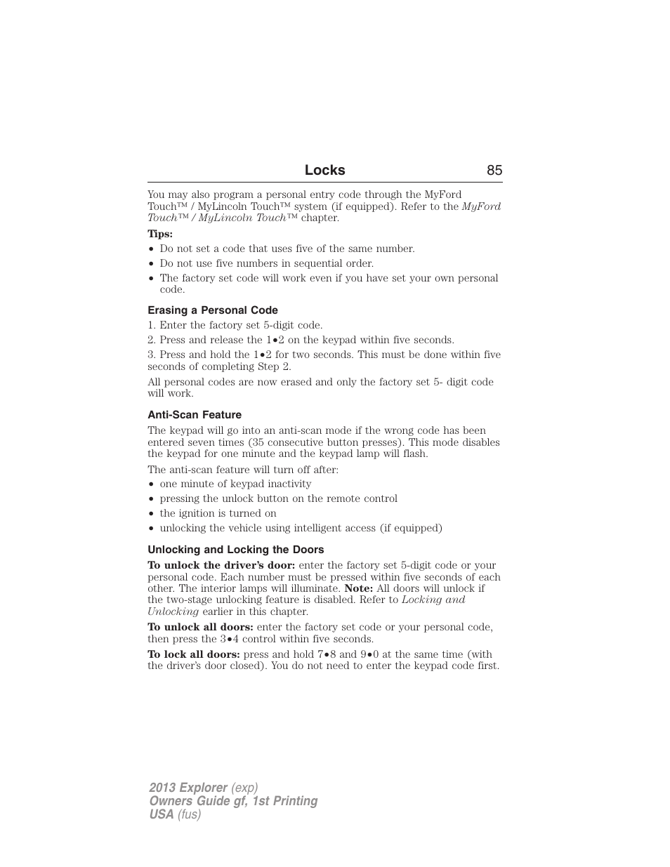 Erasing a personal code, Anti-scan feature, Unlocking and locking the doors | Locks 85 | FORD 2013 Explorer v.1 User Manual | Page 85 / 576