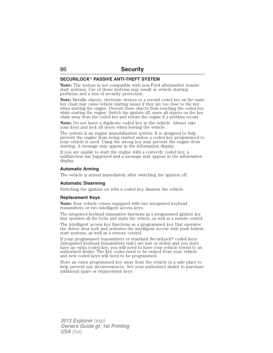 Security, Securilock? passive anti-theft system, Automatic arming | Automatic disarming, Replacement keys, Securilock, Passive anti-theft system, 86 security | FORD 2013 Explorer v.1 User Manual | Page 86 / 576