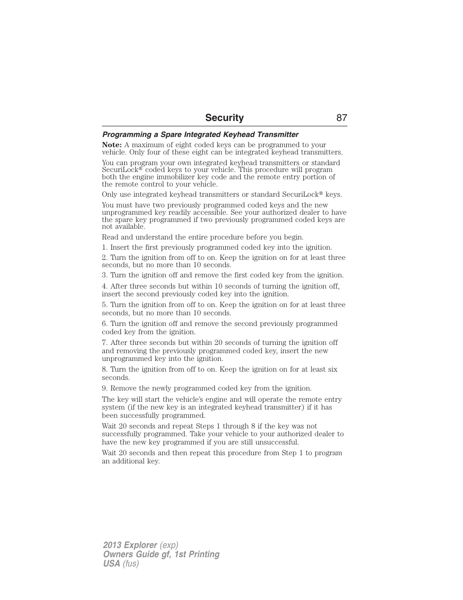 Programming a spare integrated keyhead transmitter, Security 87 | FORD 2013 Explorer v.1 User Manual | Page 87 / 576