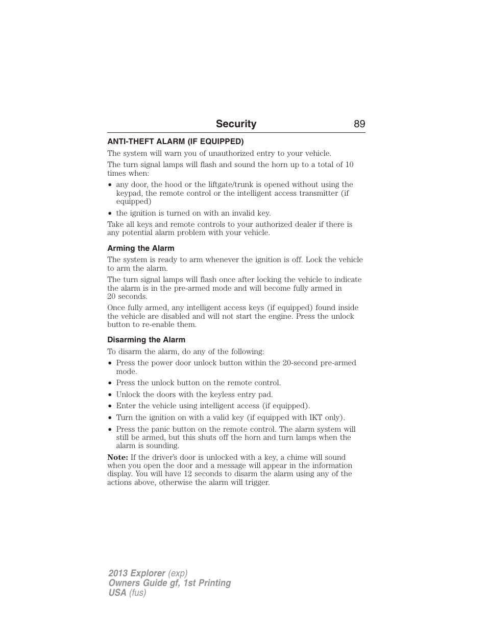 Anti-theft alarm (if equipped), Arming the alarm, Disarming the alarm | Anti-theft alarm, Security 89 | FORD 2013 Explorer v.1 User Manual | Page 89 / 576