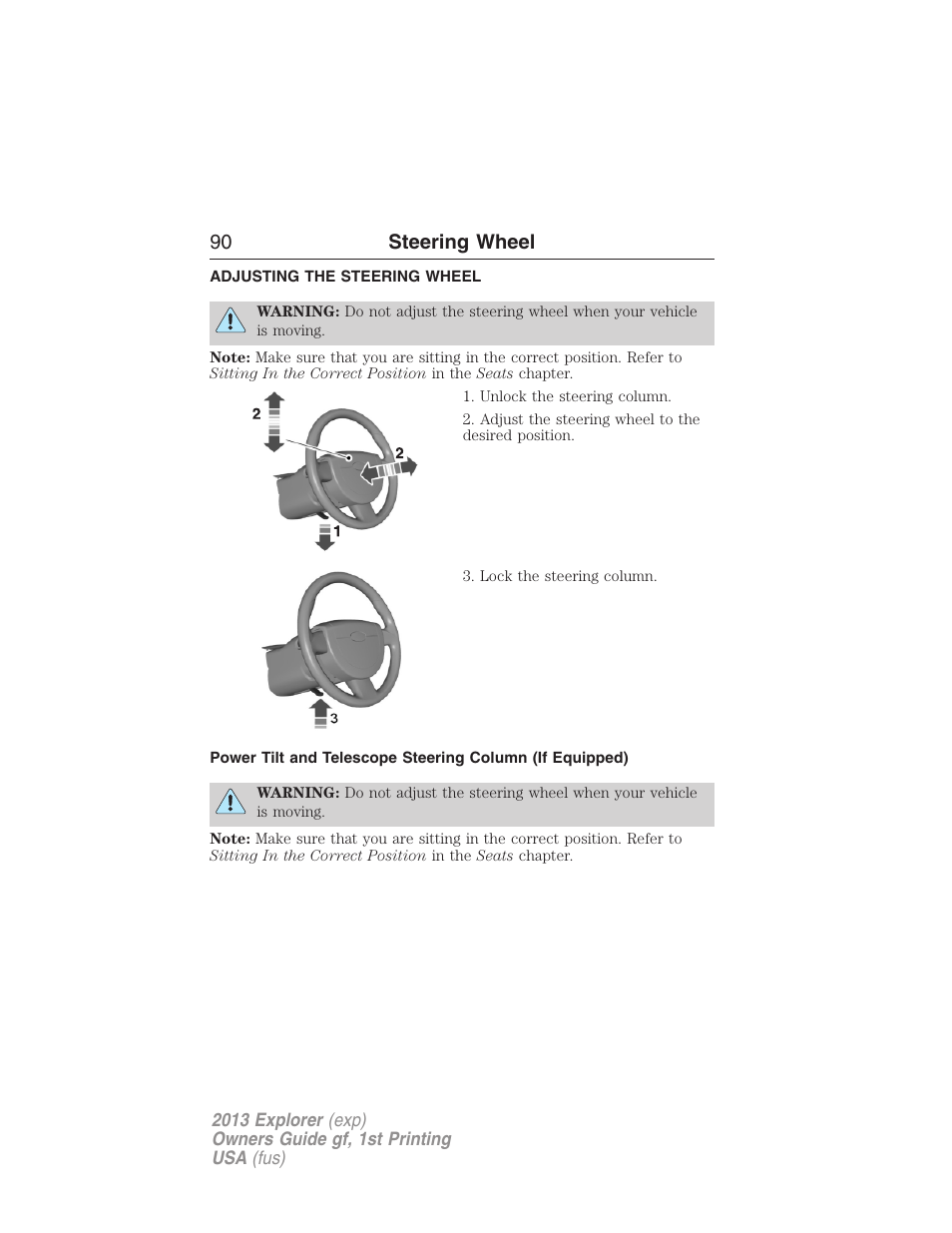 Steering wheel, Adjusting the steering wheel, 90 steering wheel | FORD 2013 Explorer v.1 User Manual | Page 90 / 576