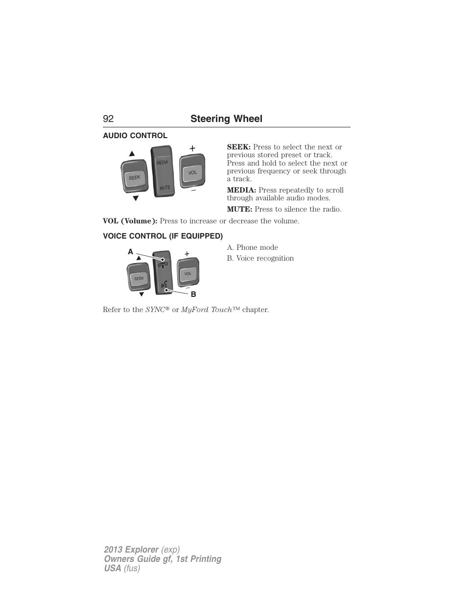 Audio control, Voice control (if equipped), Steering wheel controls | 92 steering wheel | FORD 2013 Explorer v.1 User Manual | Page 92 / 576