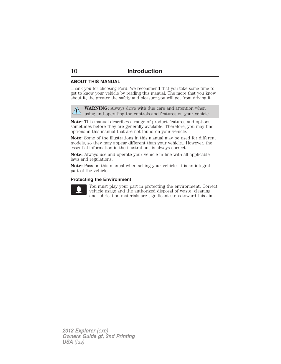 Introduction, About this manual, Protecting the environment | 10 introduction | FORD 2013 Explorer v.2 User Manual | Page 10 / 565