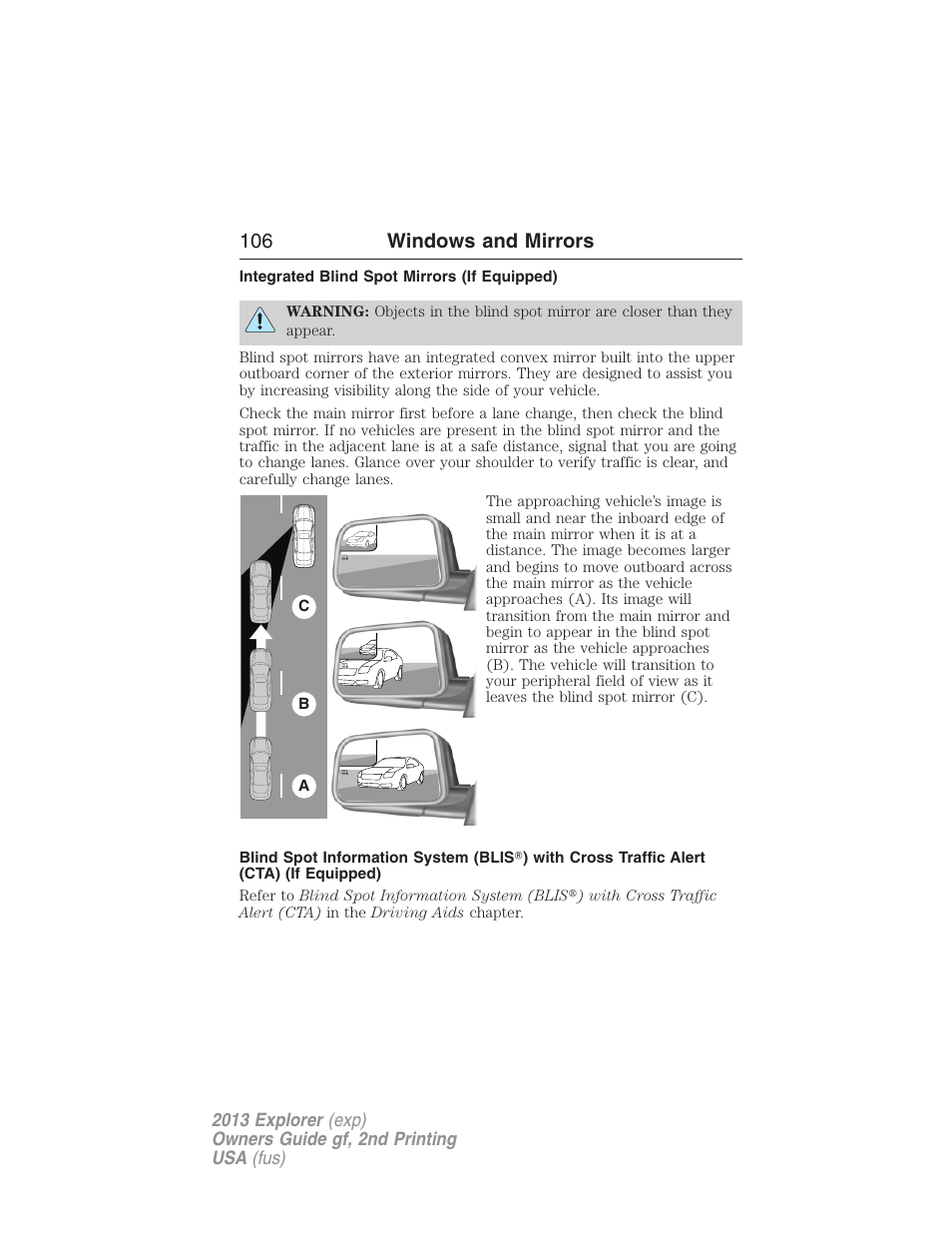 Integrated blind spot mirrors (if equipped), 106 windows and mirrors | FORD 2013 Explorer v.2 User Manual | Page 106 / 565