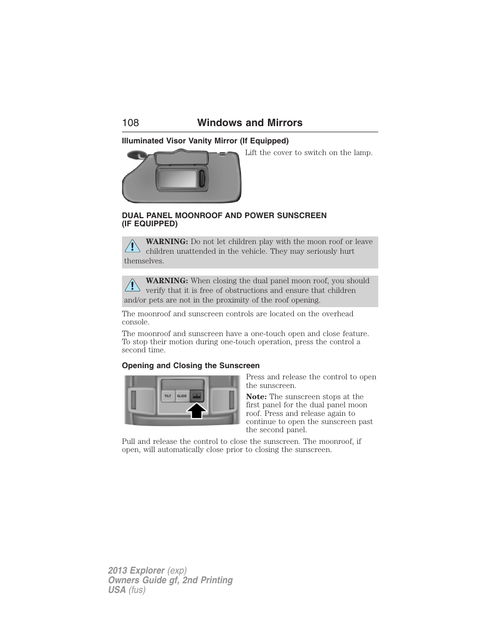 Illuminated visor vanity mirror (if equipped), Opening and closing the sunscreen, Moonroof | 108 windows and mirrors | FORD 2013 Explorer v.2 User Manual | Page 108 / 565