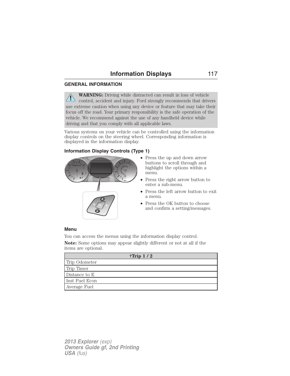 Information displays, General information, Information display controls (type 1) | Menu, Controls, Information displays 117 | FORD 2013 Explorer v.2 User Manual | Page 117 / 565