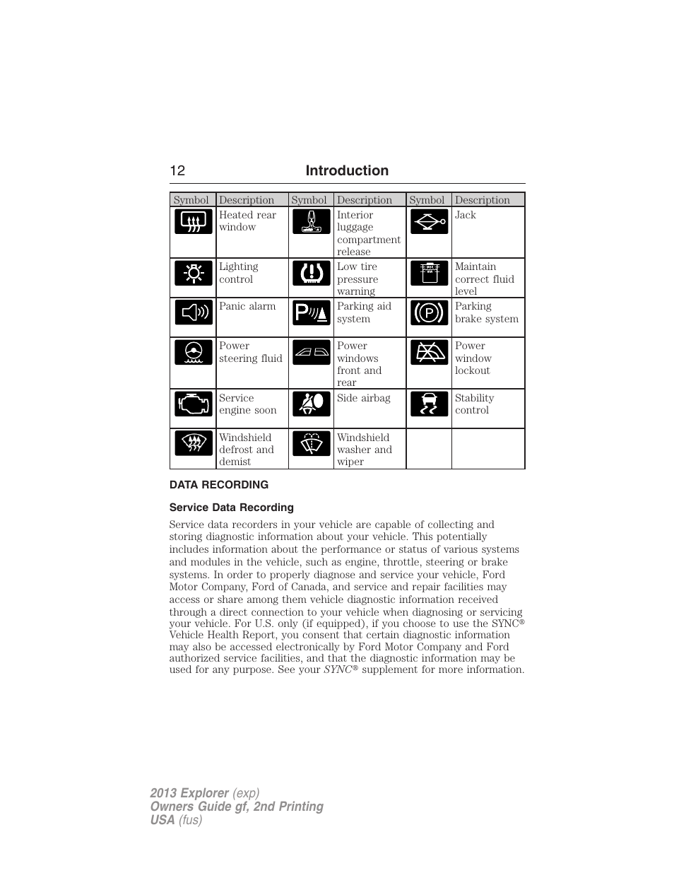 Data recording, Service data recording, 12 introduction | FORD 2013 Explorer v.2 User Manual | Page 12 / 565