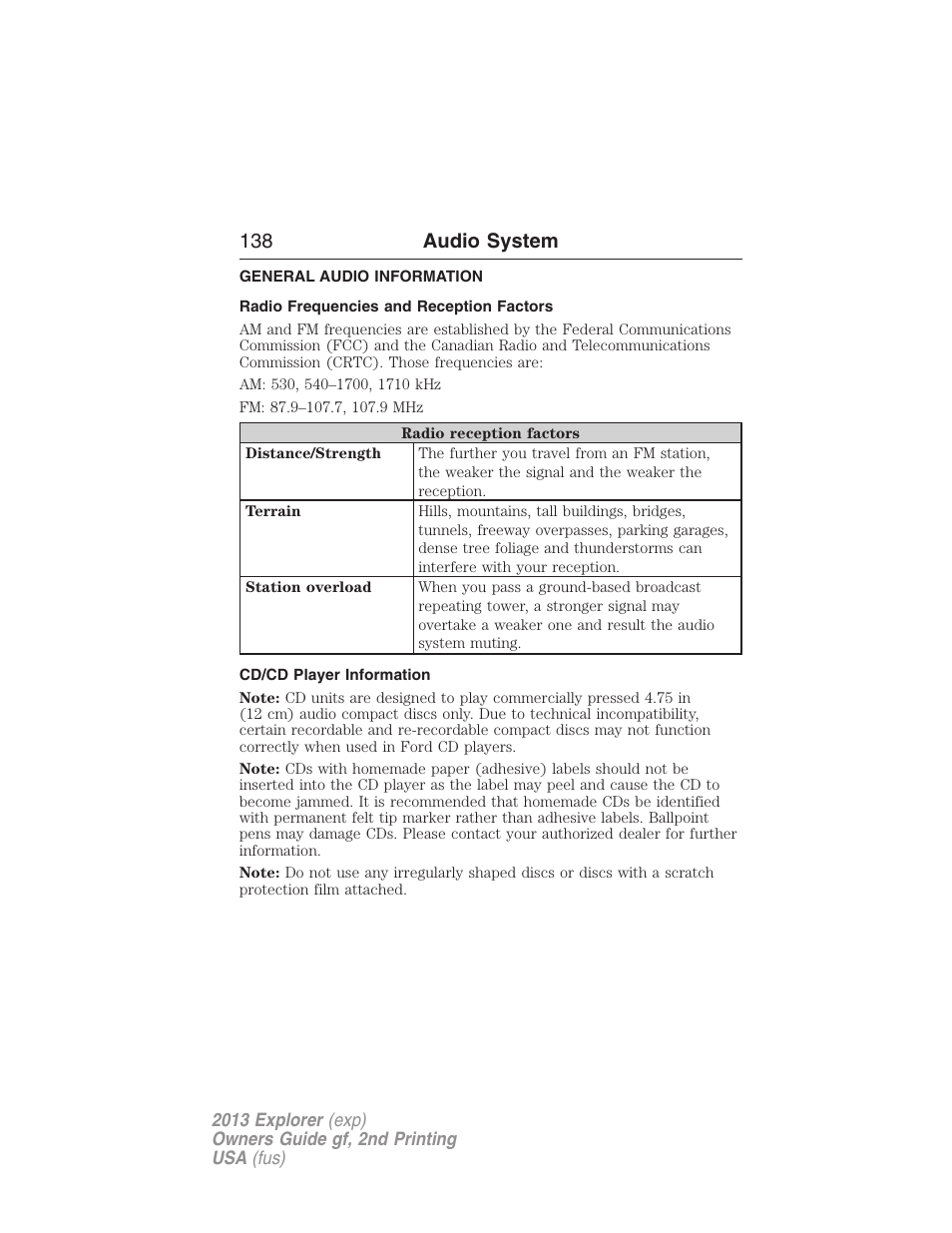 Audio system, General audio information, Radio frequencies and reception factors | Cd/cd player information, 138 audio system | FORD 2013 Explorer v.2 User Manual | Page 138 / 565