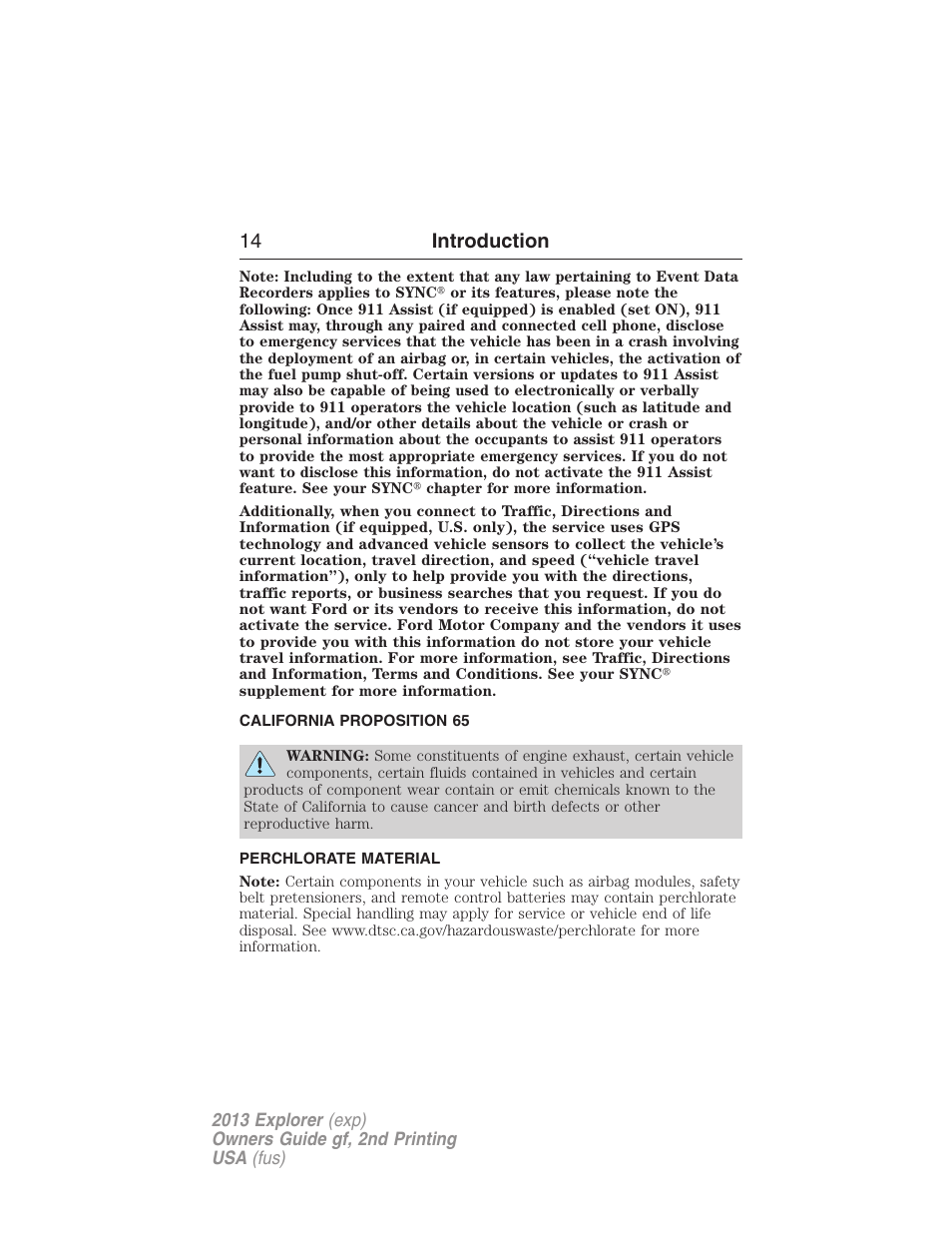 California proposition 65, Perchlorate material, 14 introduction | FORD 2013 Explorer v.2 User Manual | Page 14 / 565