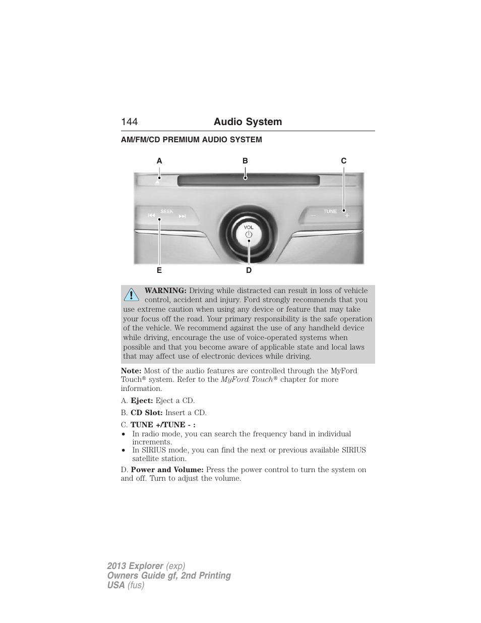 Am/fm/cd premium audio system, 144 audio system | FORD 2013 Explorer v.2 User Manual | Page 144 / 565