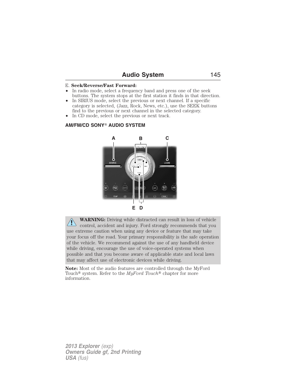 Am/fm/cd sony? audio system, Audio system 145 | FORD 2013 Explorer v.2 User Manual | Page 145 / 565
