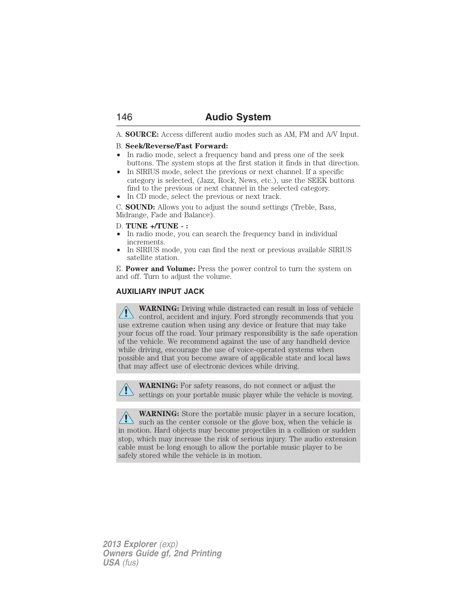 Auxiliary input jack, 146 audio system | FORD 2013 Explorer v.2 User Manual | Page 146 / 565