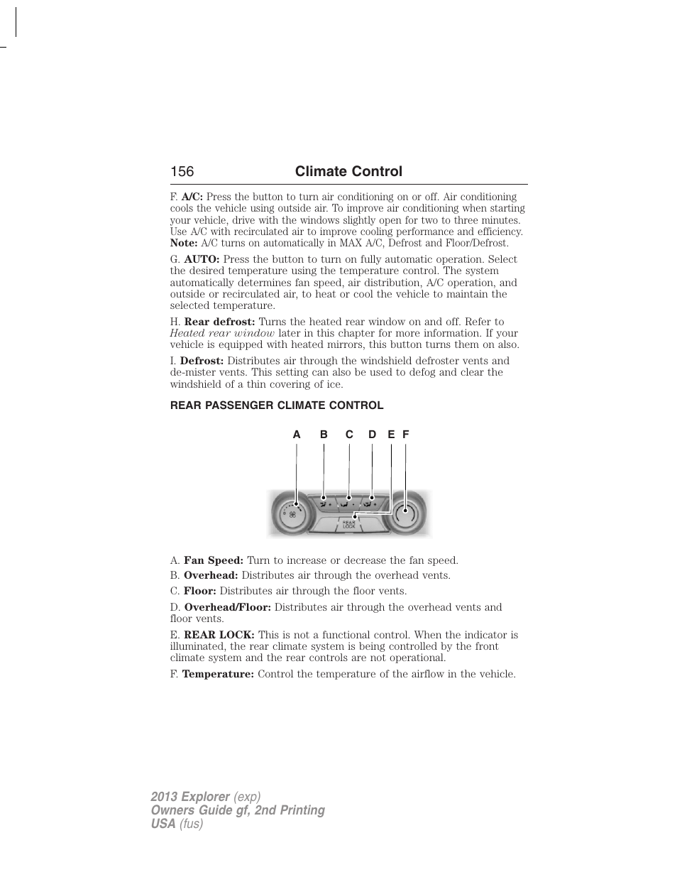 Rear passenger climate control, Auxiliary passenger climate control, 156 climate control | FORD 2013 Explorer v.2 User Manual | Page 156 / 565