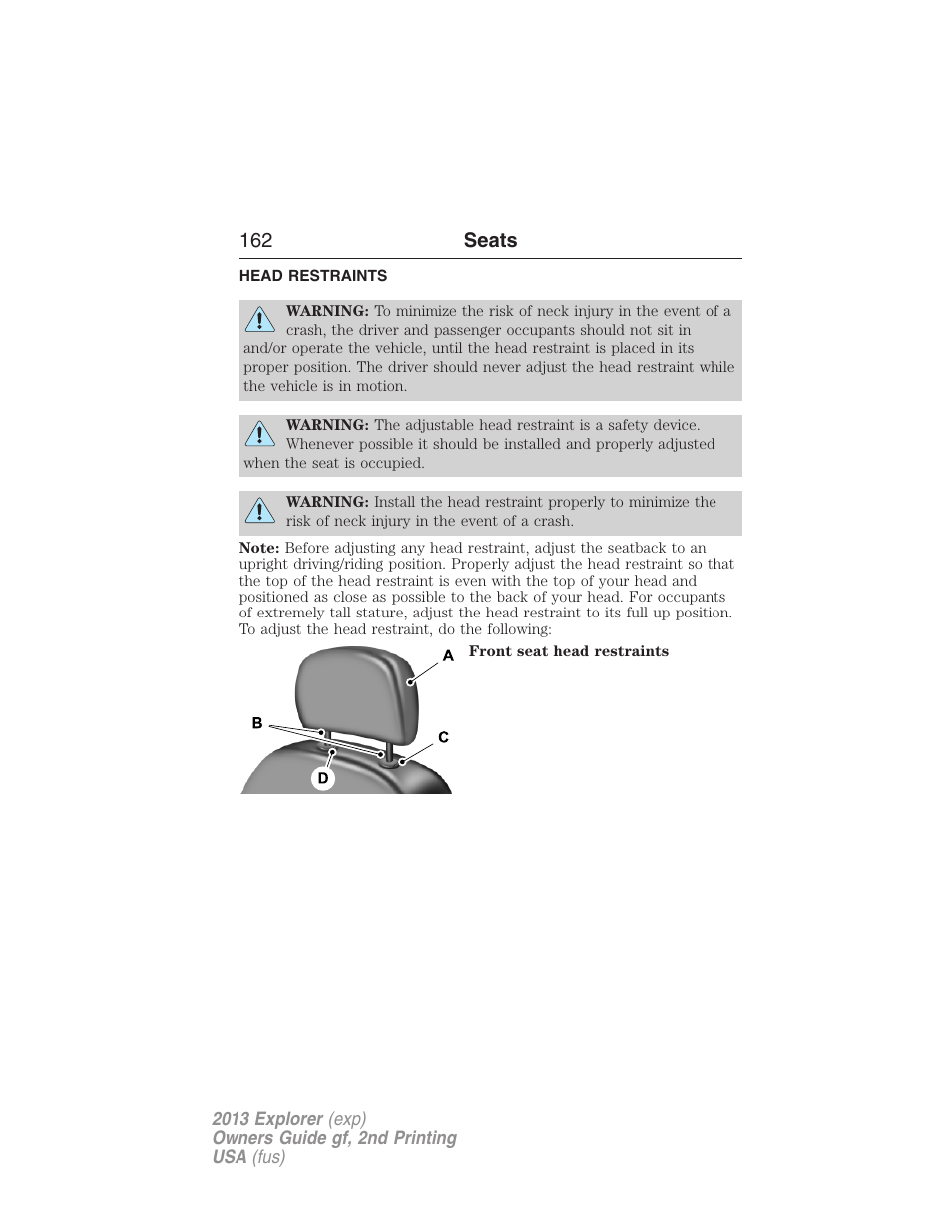 Head restraints, 162 seats | FORD 2013 Explorer v.2 User Manual | Page 162 / 565